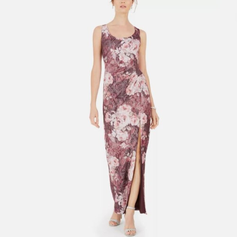 Adrianna Papell Mauve and Light Pink Floral Scoop Neck Maxi Gown with Slit